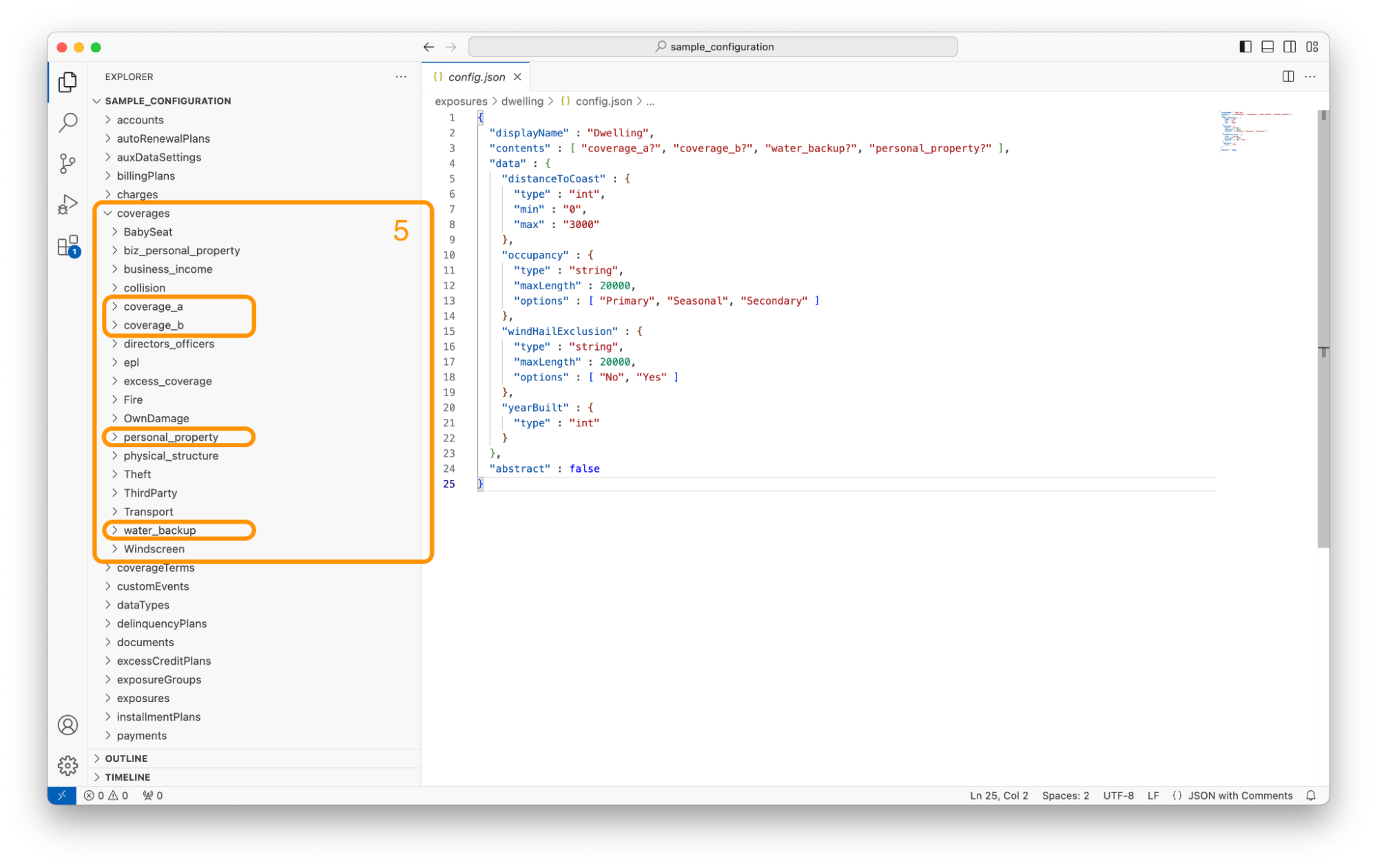 Screenshot of various coverages in a tenant configuration in a code editor.