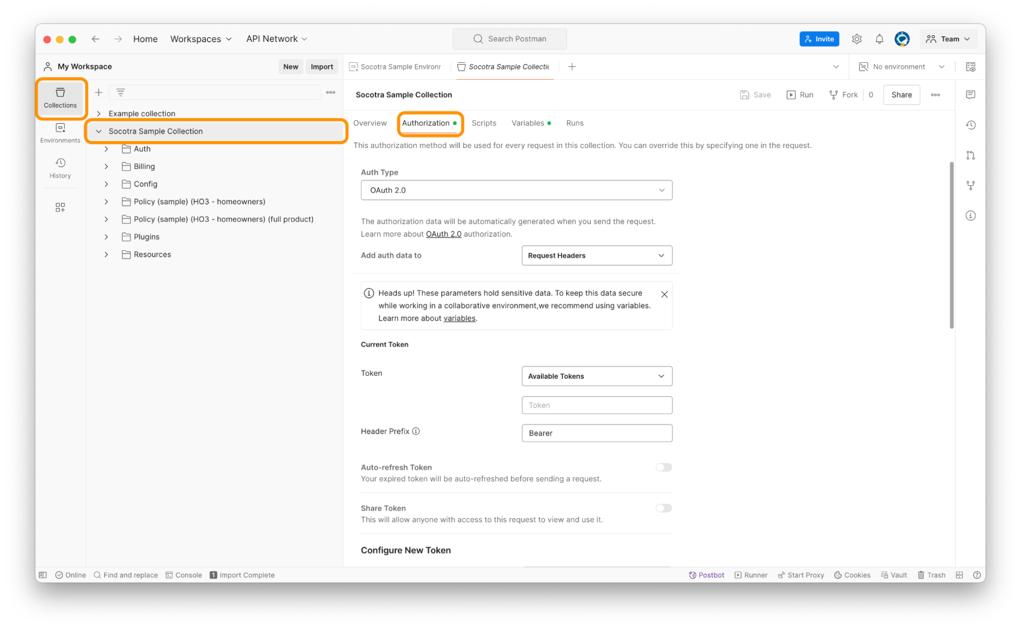 Screenshot of navigating to the Authorization tab of a Postman collection.