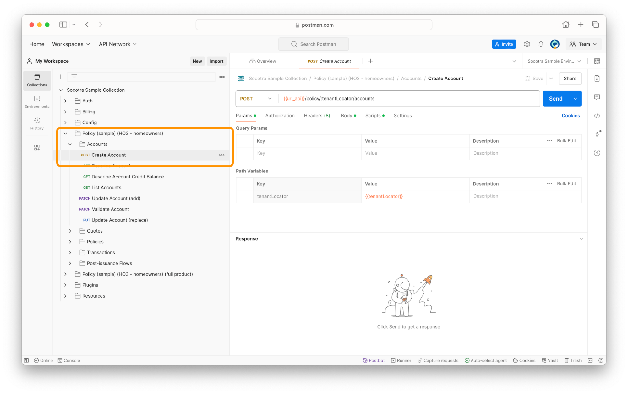 Screenshot showing the Create Account endpoint in Postman.