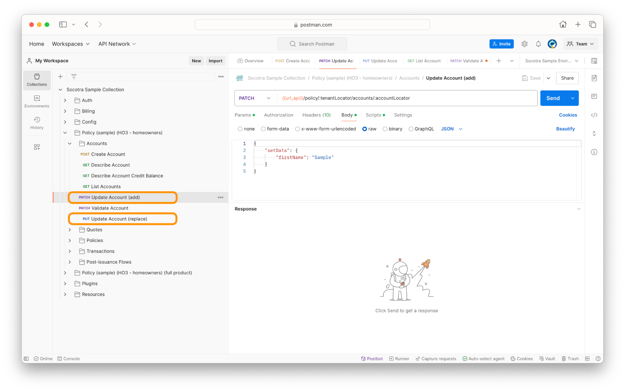 Screenshot showing the Update Account endpoints in Postman.