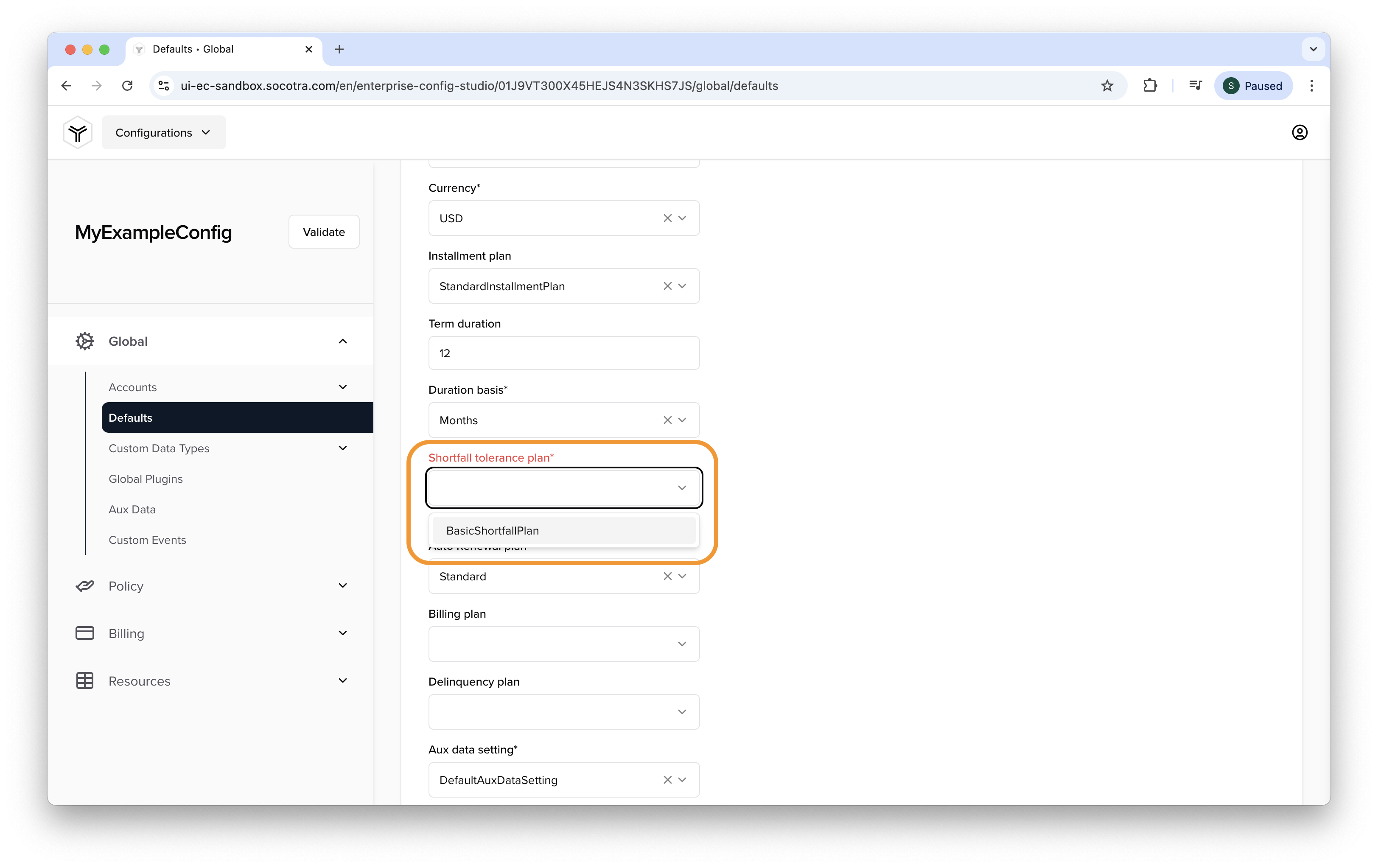 Screenshot of options for the Shortfall Tolerance Plan field.